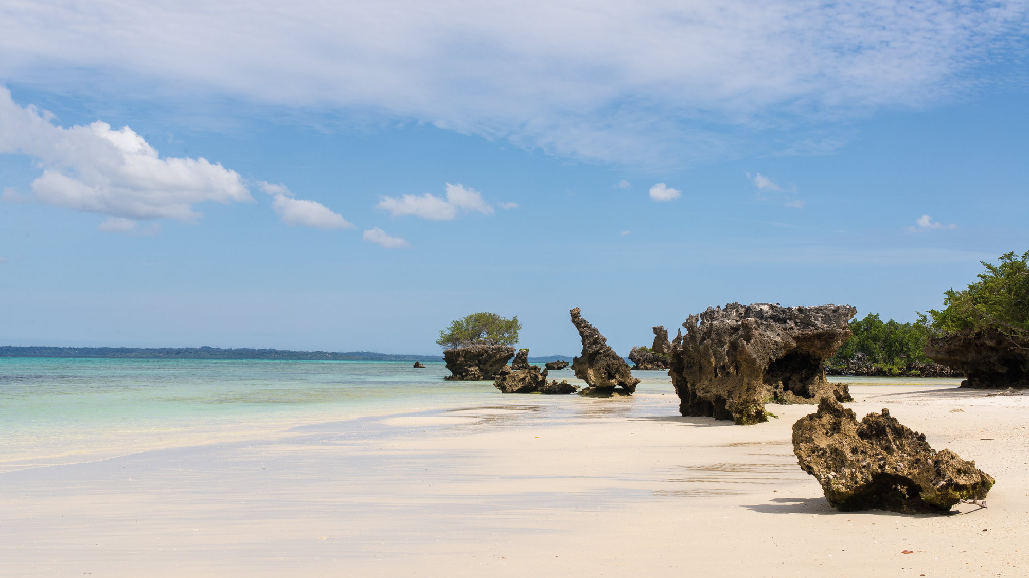 A quiet white-sand beach on Pemba Island, with weathered coral rock formations and shallow turquoise water.